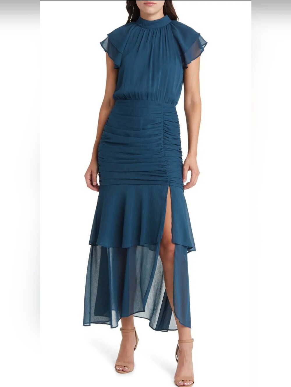 Mila Mae Mock Tired Ruffle Ruched Slit Date Night Ladies Night Party Midi Dress